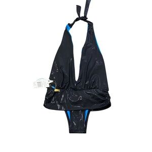 Wet Seal Black One-Piece Halter Swimsuit with Blue Trim
